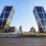 Inclined skyscrapers of business offices in Plaza Castilla in Madrid, gateway to Europe, Spain